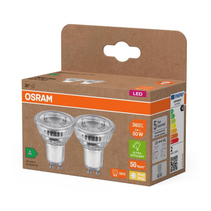 12er Set OSRAM GU10 LED Strahler besonders effizient 36 ° 2W wie 50W 2700K warmweißes Licht